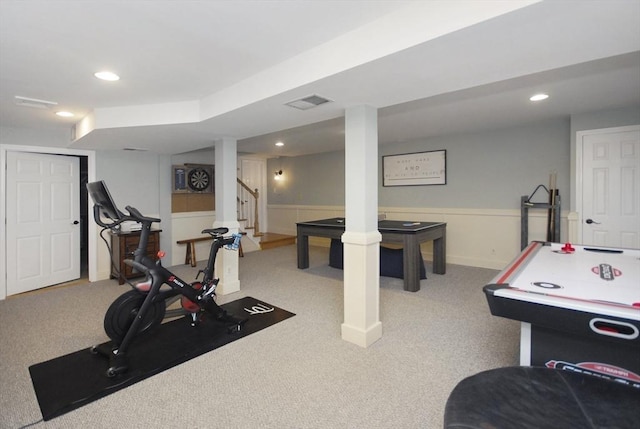 rec room with carpet floors, recessed lighting, and visible vents