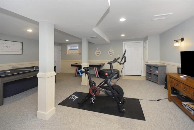 workout room with recessed lighting and carpet flooring