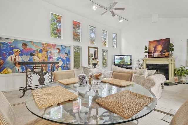 29 Vine St Unit 8, Winchester, MA 01890 - dining area with track lighting, healthy amount of natural light, ceiling fan, a glass covered fireplace, and high vaulted ceiling