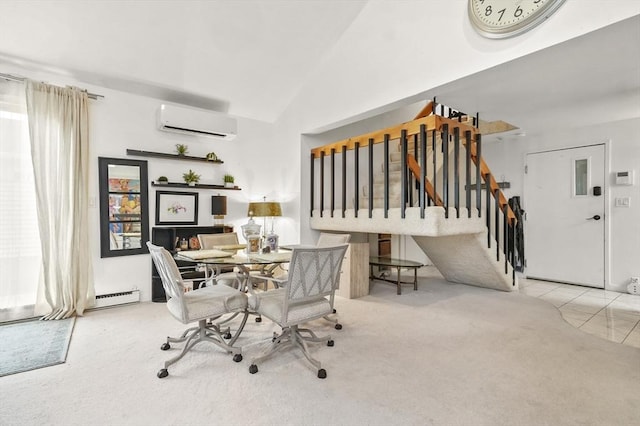 29 Vine St Unit 8, Winchester, MA 01890 - carpeted dining space featuring a wall mounted AC, stairs, vaulted ceiling, and a baseboard heating unit