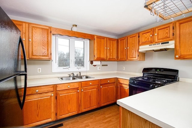 kitchen with black appliances, sink, and light hardwood / wood-style floors