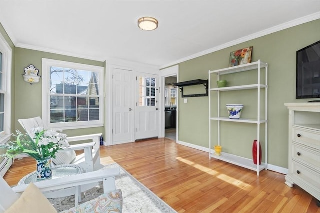 interior space featuring crown molding, wood finished floors, and baseboards