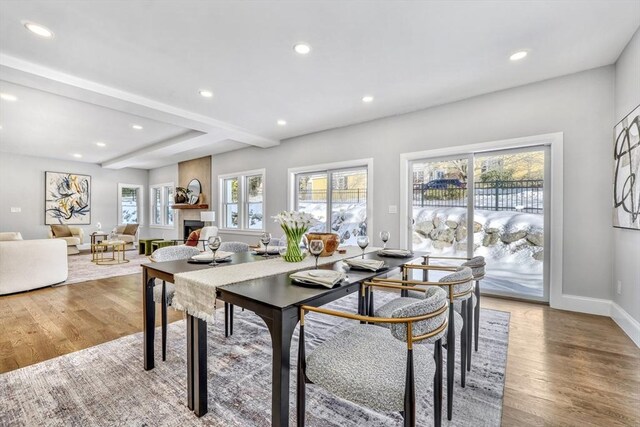 dining room featuring a fireplace, wood finished floors, and recessed lighting