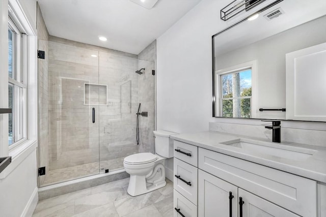 full bathroom featuring toilet, visible vents, vanity, marble finish floor, and a shower stall