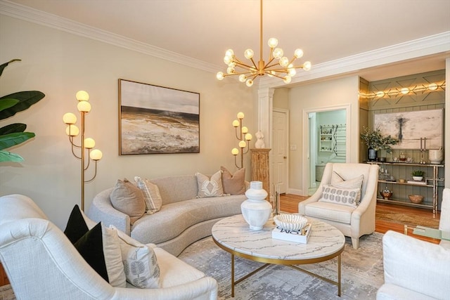 living room featuring hardwood / wood-style flooring, ornamental molding, and a chandelier