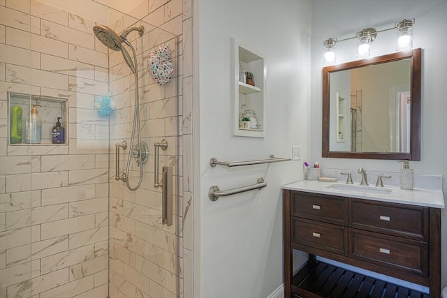 bathroom featuring walk in shower, vanity, and built in features