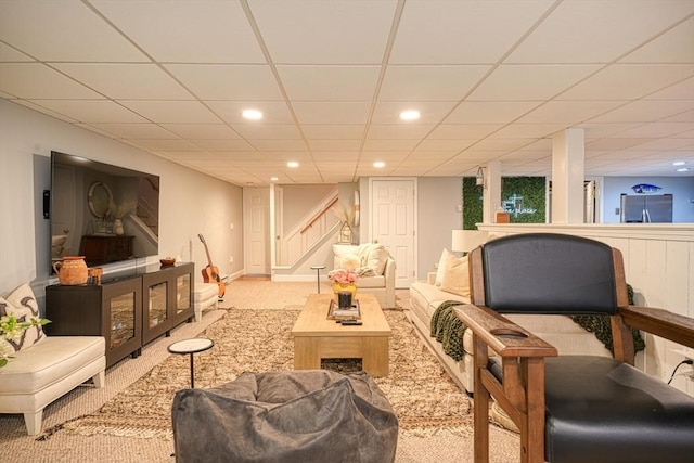 living room featuring light colored carpet