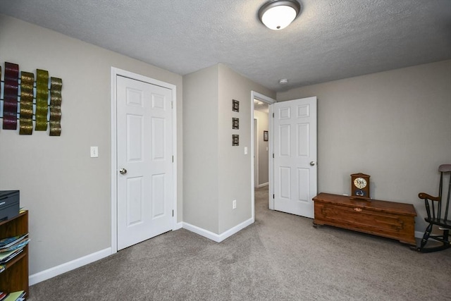 interior space with carpet floors and a textured ceiling