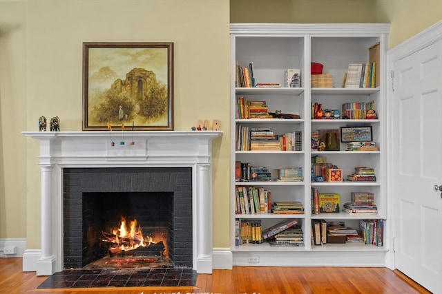 interior space featuring light wood-type flooring and a fireplace