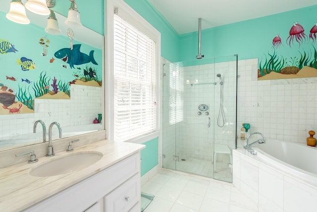 bathroom featuring independent shower and bath, tile flooring, and vanity