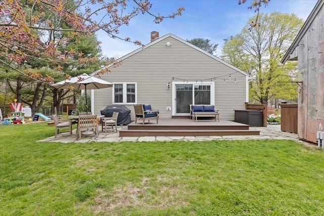 44 Prospect Rd, Plympton, MA 02367 - rear view of property with an outdoor hangout area, a chimney, a deck, and a yard