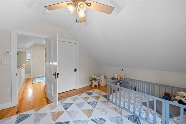 44 Prospect Rd, Plympton, MA 02367 - bedroom with vaulted ceiling, wood finished floors, baseboards, and ceiling fan