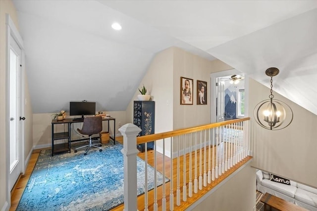 44 Prospect Rd, Plympton, MA 02367 - office area with lofted ceiling, baseboards, wood finished floors, a chandelier, and recessed lighting
