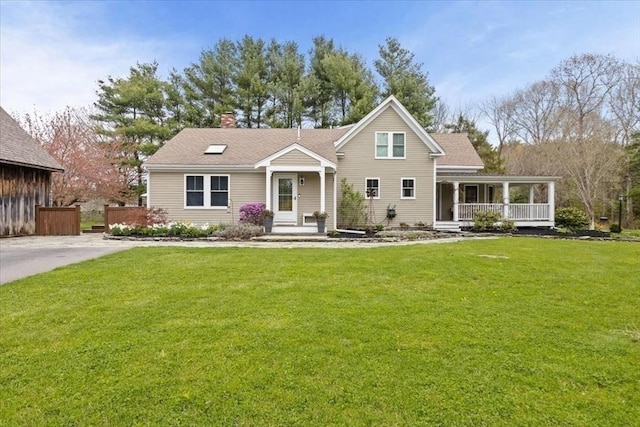 44 Prospect Rd, Plympton, MA 02367 - view of front of property featuring a chimney, a front lawn, a porch, and roof with shingles