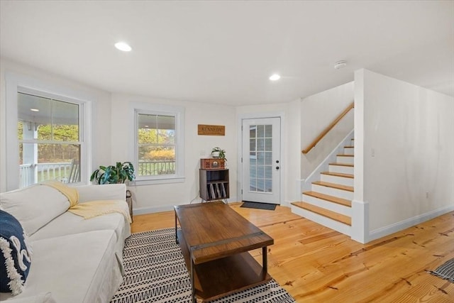 44 Prospect Rd, Plympton, MA 02367 - living area featuring stairway, light wood-type flooring, recessed lighting, and baseboards