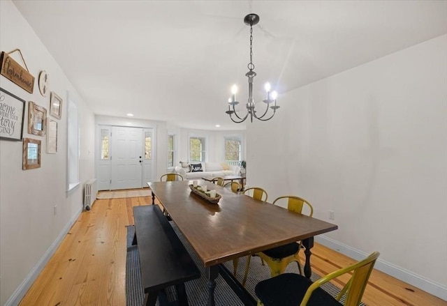 44 Prospect Rd, Plympton, MA 02367 - dining area featuring radiator heating unit, a chandelier, light wood-style flooring, baseboards, and recessed lighting
