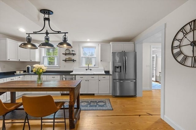 44 Prospect Rd, Plympton, MA 02367 - kitchen featuring appliances with stainless steel finishes, dark countertops, light wood-type flooring, white cabinets, and recessed lighting
