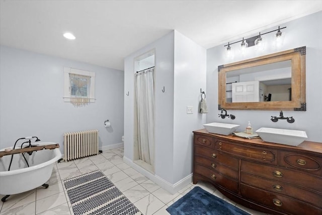 44 Prospect Rd, Plympton, MA 02367 - bathroom featuring radiator, marble look tile flooring, baseboards, double vanity, and recessed lighting