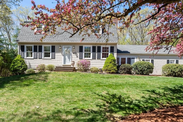 view of front facade with a front lawn, entry steps, and a shingled roof