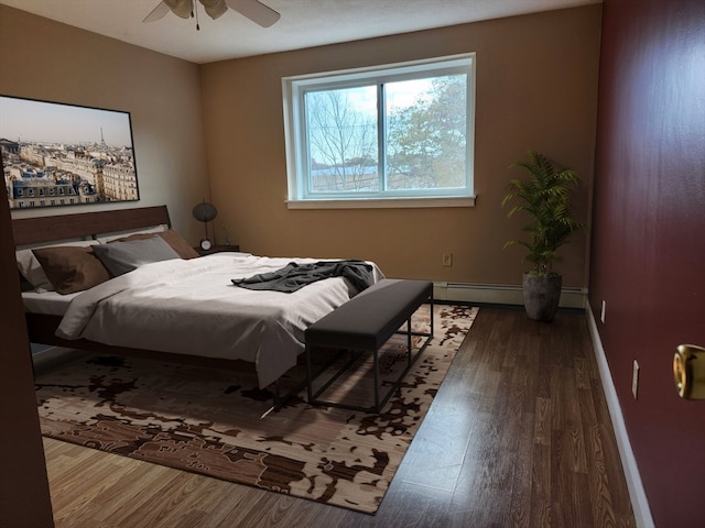 bedroom featuring hardwood / wood-style floors, ceiling fan, and baseboard heating