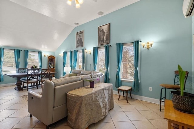 living room with light tile patterned floors, a wall mounted air conditioner, and high vaulted ceiling