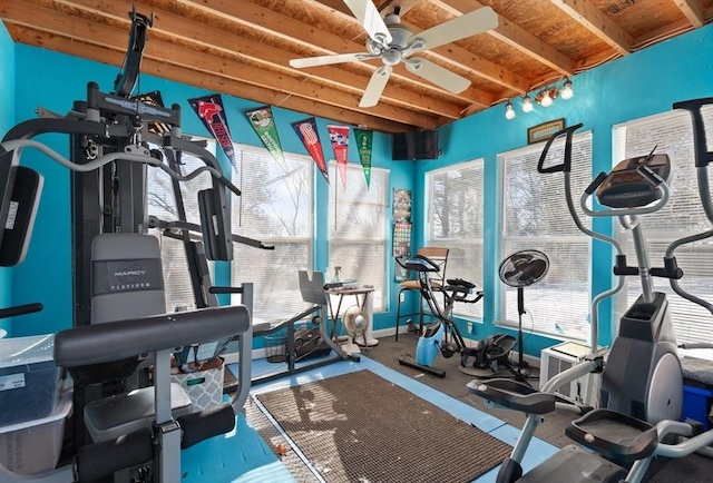 workout room featuring ceiling fan