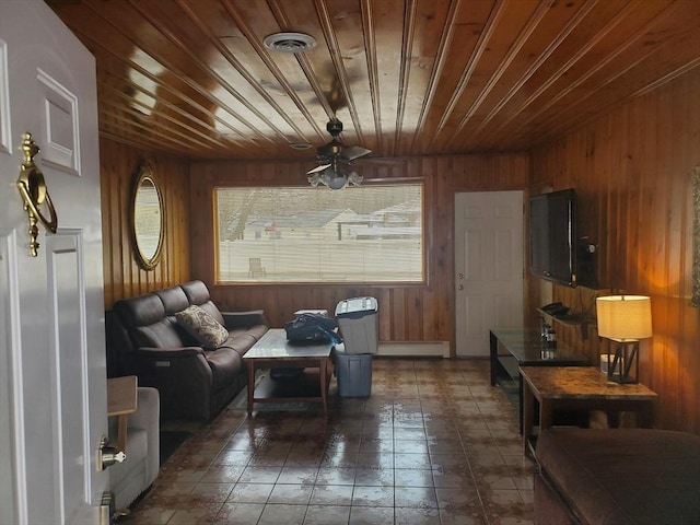 living room featuring wood walls, ceiling fan, wooden ceiling, and a baseboard heating unit