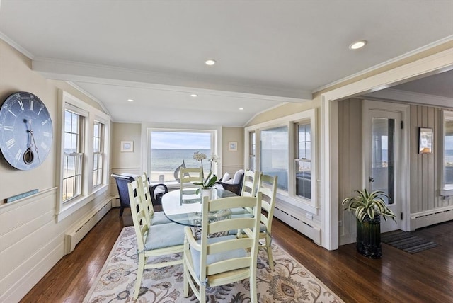 dining area featuring vaulted ceiling with beams, crown molding, dark hardwood / wood-style flooring, and a baseboard radiator