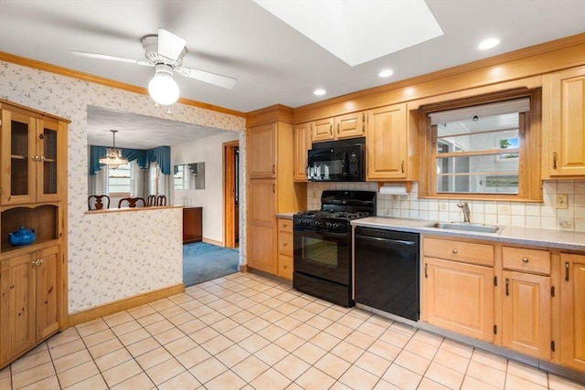 50 Thompson St, Dedham, MA 02026 - kitchen featuring black appliances, a sink, ornamental molding, wallpapered walls, and light countertops