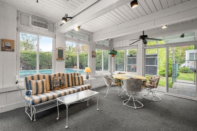 50 Thompson St, Dedham, MA 02026 - sunroom featuring ceiling fan, plenty of natural light, an outdoor hangout area, and beam ceiling