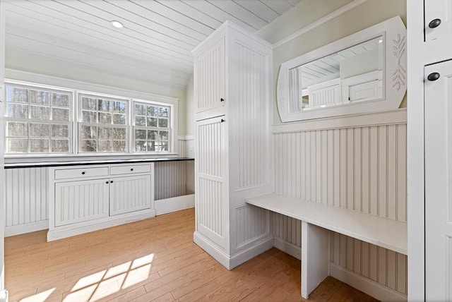 mudroom featuring light wood finished floors, wooden ceiling, and vaulted ceiling