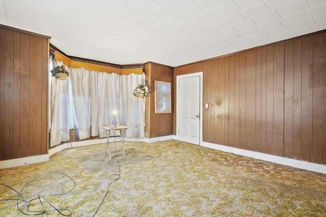 entryway featuring wood walls, carpet flooring, and baseboards