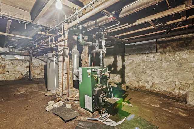 unfinished below grade area featuring water heater and a heating unit