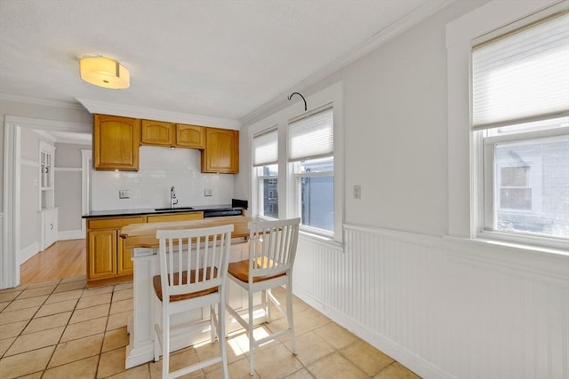 kitchen featuring a sink, a wainscoted wall, light tile patterned floors, tasteful backsplash, and ornamental molding