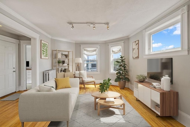 living area featuring radiator heating unit, ornamental molding, and a healthy amount of sunlight