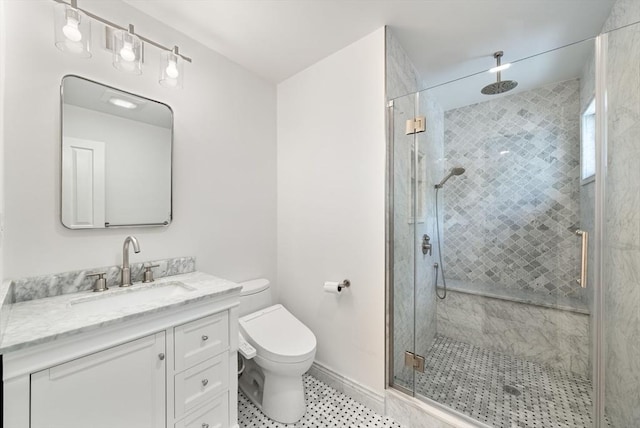 bathroom featuring toilet, a stall shower, tile patterned flooring, and vanity