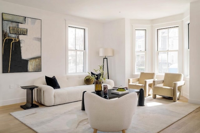 sitting room with baseboards, wood finished floors, and a wealth of natural light