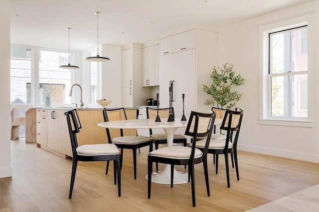 dining room with baseboards, a healthy amount of sunlight, and light wood-type flooring
