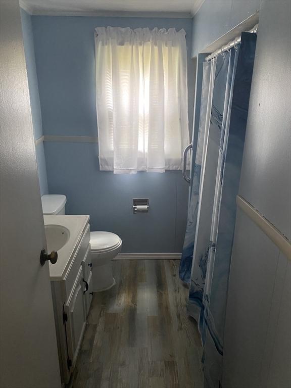 107 Rollins St, Springfield, MA 01109 - full bath with vanity, a shower with curtain, wood finished floors, and ornamental molding