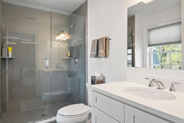 full bathroom featuring toilet, a shower stall, and vanity