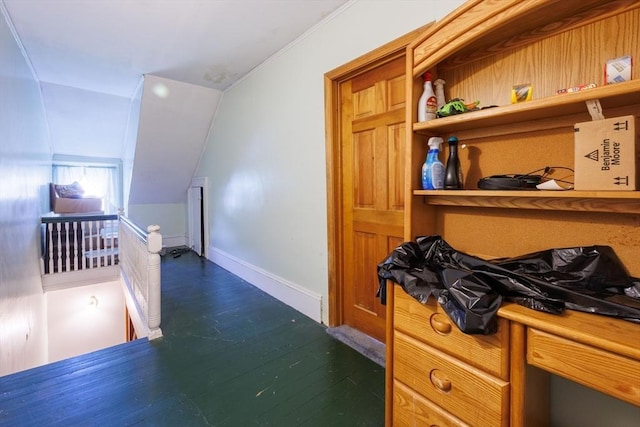 1-3 Fairoaks Ave, Methuen, MA 01844 - hall featuring an upstairs landing, dark wood finished floors, vaulted ceiling, and baseboards