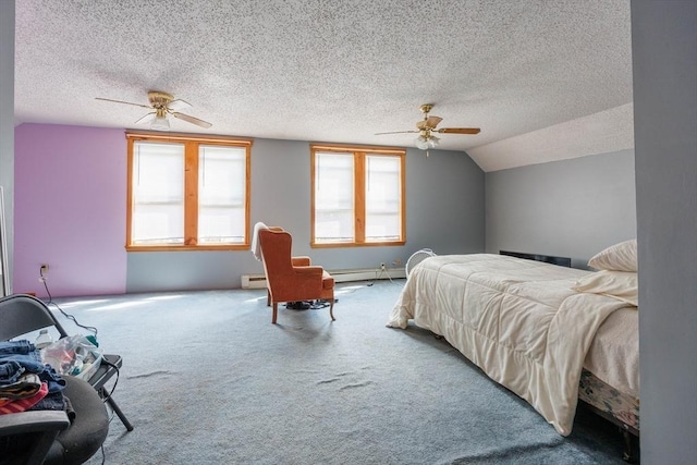 1-3 Fairoaks Ave, Methuen, MA 01844 - carpeted bedroom with a textured ceiling, a baseboard heating unit, a ceiling fan, and lofted ceiling