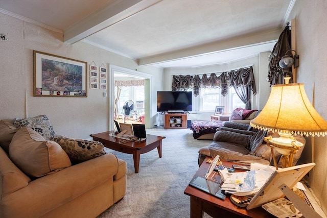 1-3 Fairoaks Ave, Methuen, MA 01844 - living room featuring carpet, beamed ceiling, and ornamental molding