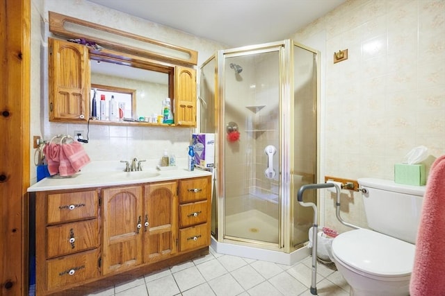 1-3 Fairoaks Ave, Methuen, MA 01844 - full bath with toilet, tile patterned flooring, a stall shower, vanity, and wallpapered walls