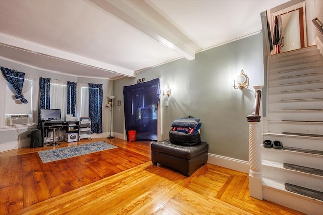 1-3 Fairoaks Ave, Methuen, MA 01844 - living room with beam ceiling, stairs, hardwood / wood-style floors, baseboards, and ornamental molding