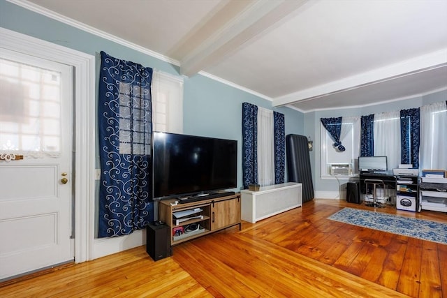 1-3 Fairoaks Ave, Methuen, MA 01844 - living area with beamed ceiling, wood finished floors, crown molding, and cooling unit