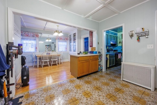 1-3 Fairoaks Ave, Methuen, MA 01844 - kitchen with coffered ceiling, black range with electric stovetop, radiator, a chandelier, and brown cabinets