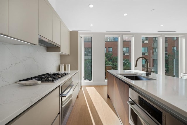 kitchen with stainless steel appliances, light wood-style floors, a sink, and modern cabinets