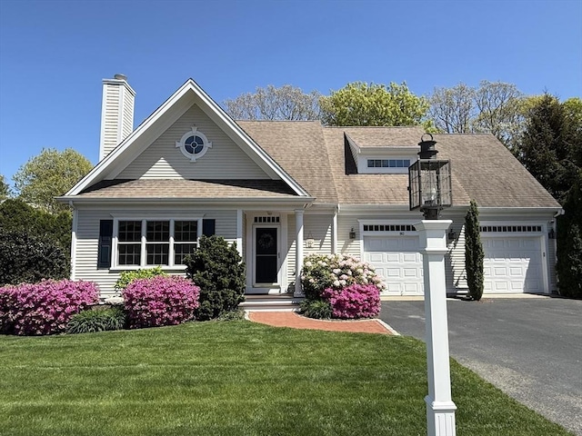 80 Schooner Ln, Barnstable, MA 02601 - view of front of home featuring a chimney, a garage, driveway, a front yard, and roof with shingles