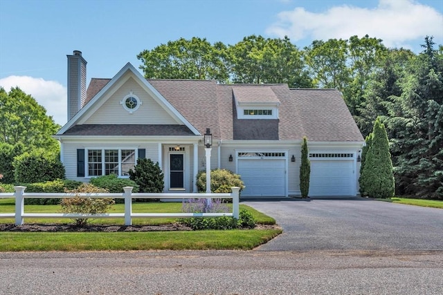 80 Schooner Ln, Barnstable, MA 02601 - view of front of property with asphalt driveway, a garage, a chimney, and a shingled roof